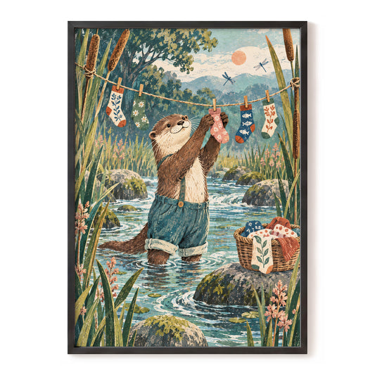 Otter's Laundry Day, blue, green, brown nature wall art, front artwork view