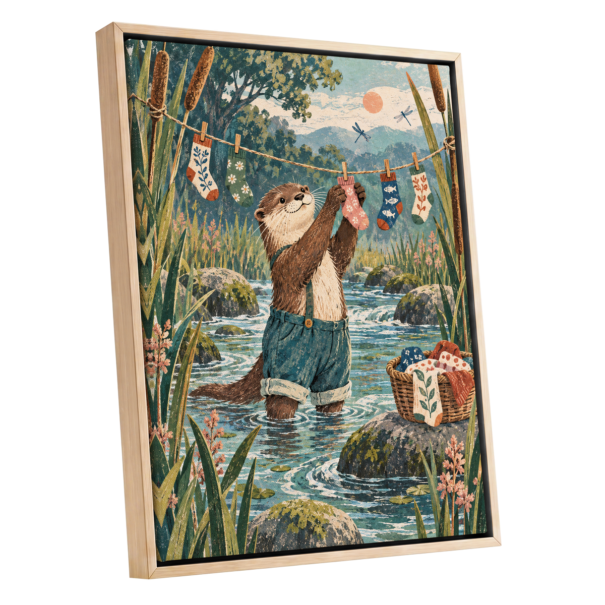 Otter's Laundry Day, blue, green, brown nature wall art shown as a oak framed canvas wall art