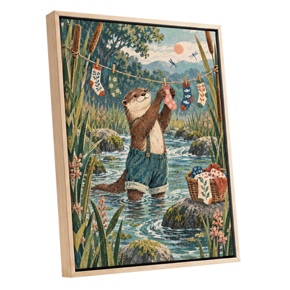 Otter's Laundry Day, blue, green, brown nature wall art shown as a oak framed canvas wall art
