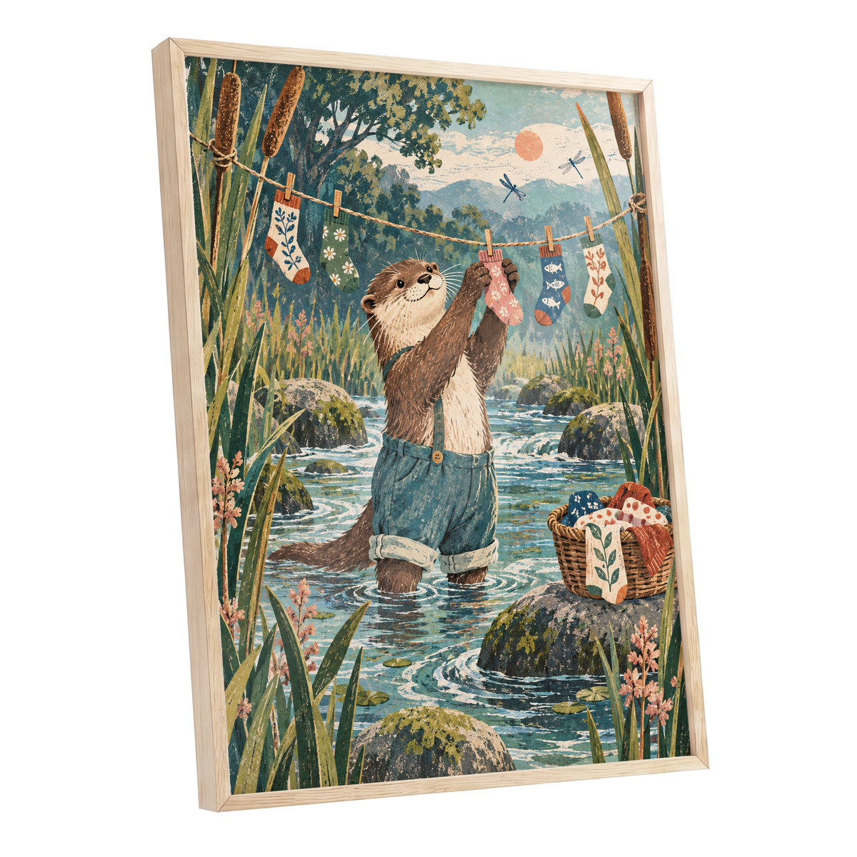 Otter's Laundry Day, blue, green, brown nature wall art shown as a oak framed poster wall art print