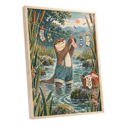 Otter's Laundry Day, blue, green, brown nature wall art shown as a oak framed poster wall art print