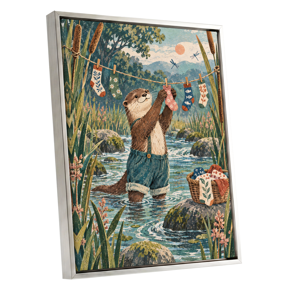 Otter's Laundry Day, blue, green, brown nature wall art shown as a silver framed canvas wall art