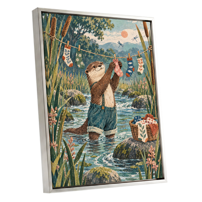 Otter's Laundry Day, blue, green, brown nature wall art shown as a silver framed canvas wall art