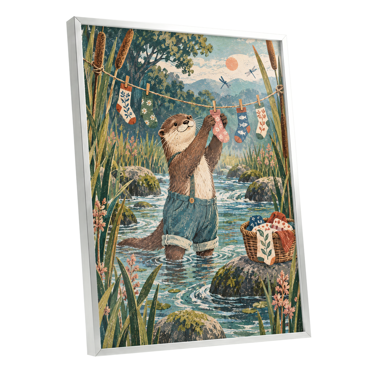 Otter's Laundry Day, blue, green, brown nature wall art shown as a silver framed poster wall art print