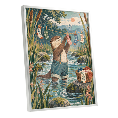 Otter's Laundry Day, blue, green, brown nature wall art shown as a silver framed poster wall art print