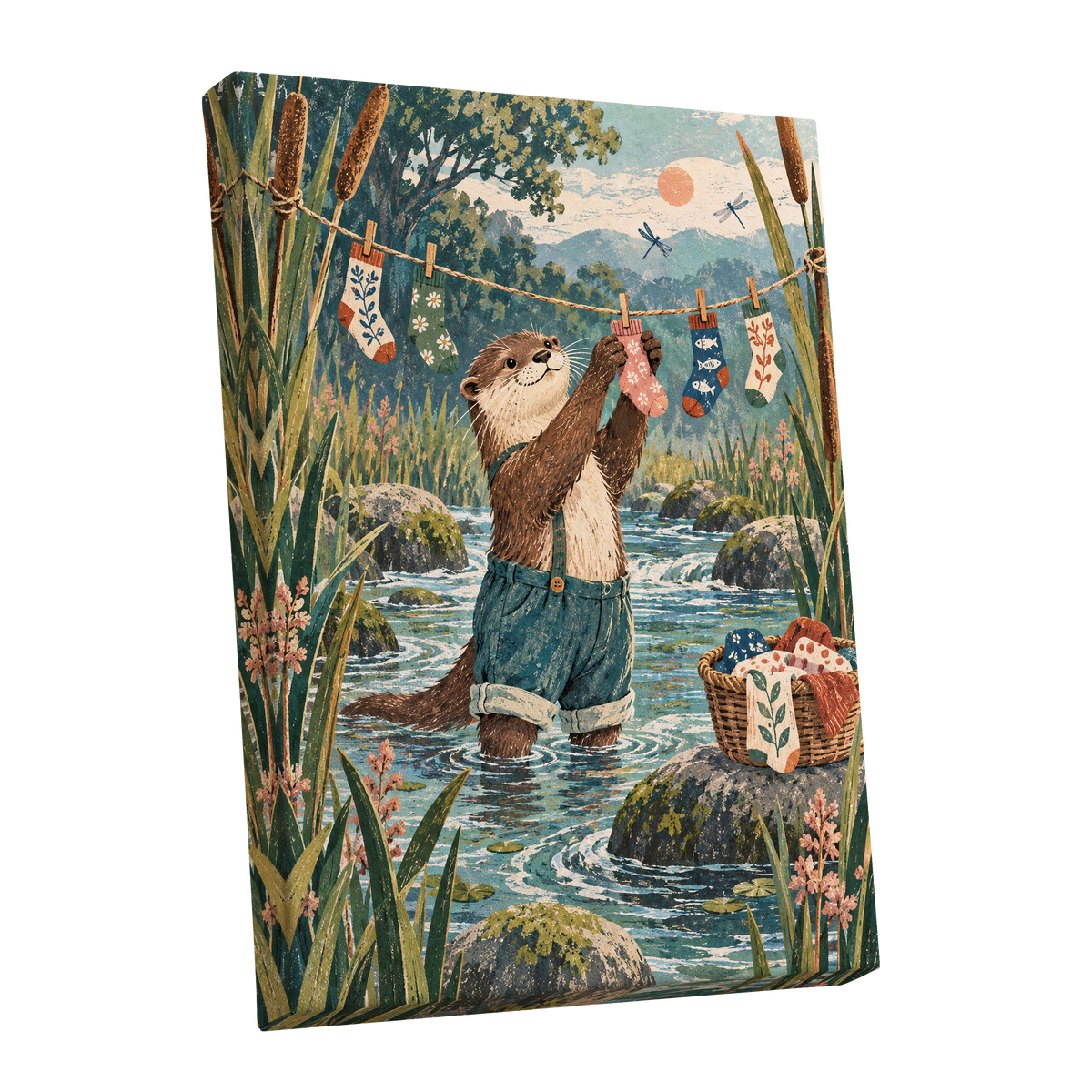 Otter's Laundry Day, blue, green, brown nature wall art shown as a stretched canvas wall art