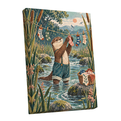 Otter's Laundry Day, blue, green, brown nature wall art shown as a stretched canvas wall art