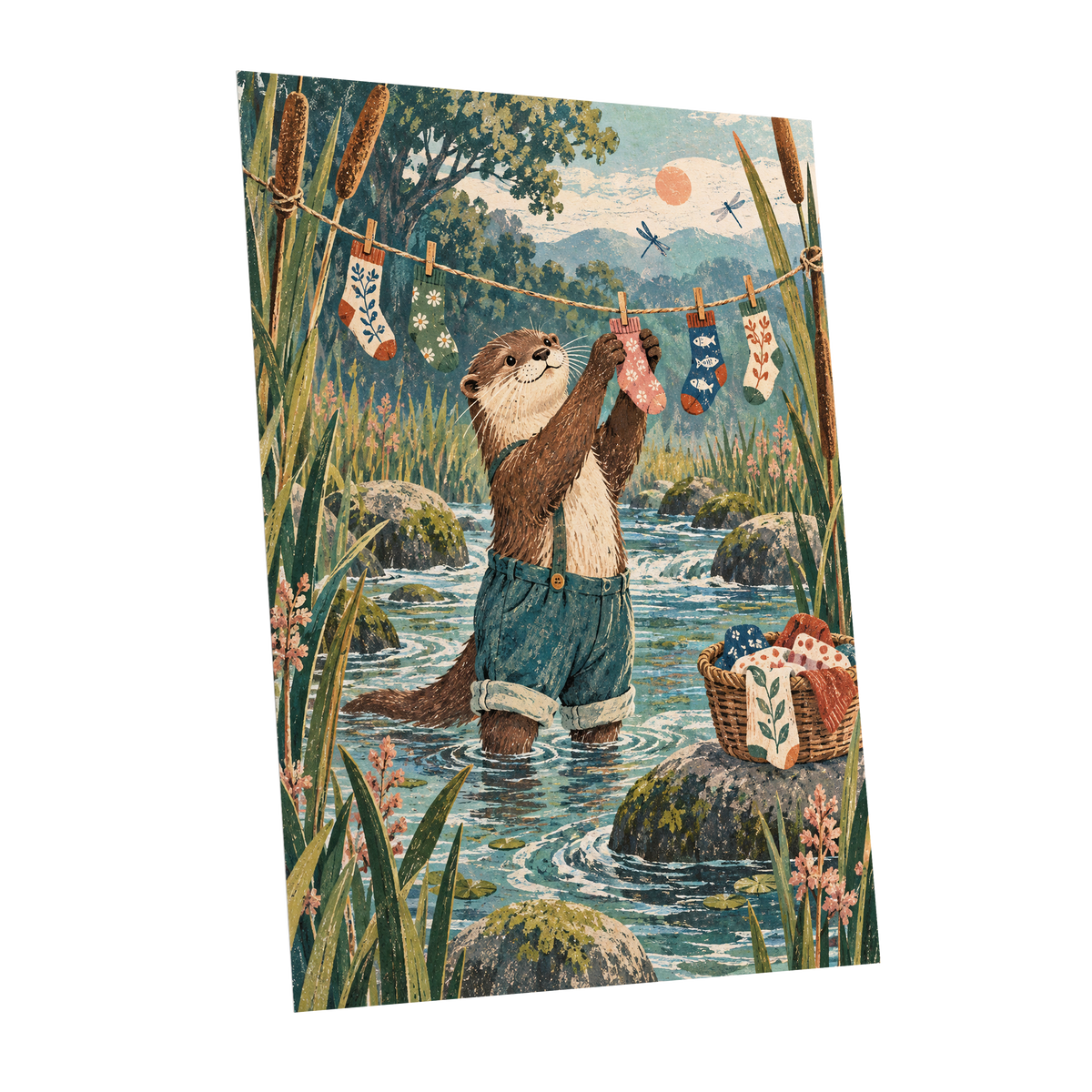 Otter's Laundry Day, blue, green, brown nature wall art shown as a unframed poster wall art print