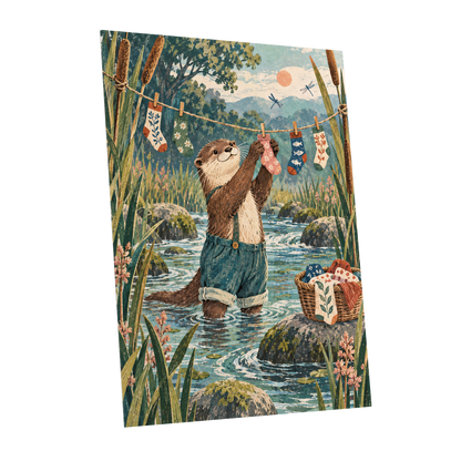 Otter's Laundry Day, blue, green, brown nature wall art shown as a unframed poster wall art print