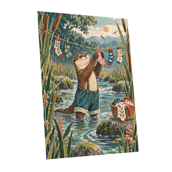 Otter's Laundry Day, blue, green, brown nature wall art shown as a unframed poster wall art print