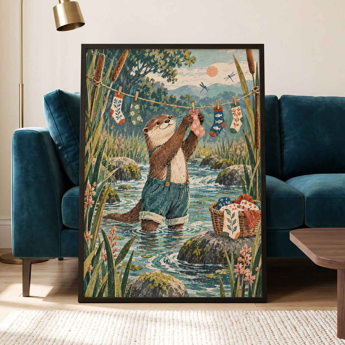 Otter's Laundry Day, blue, green, brown nature wall art displayed in a styled interior, gallery view 2