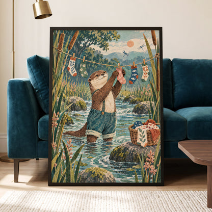 Otter's Laundry Day, blue, green, brown nature wall art displayed in a styled interior, gallery view 2
