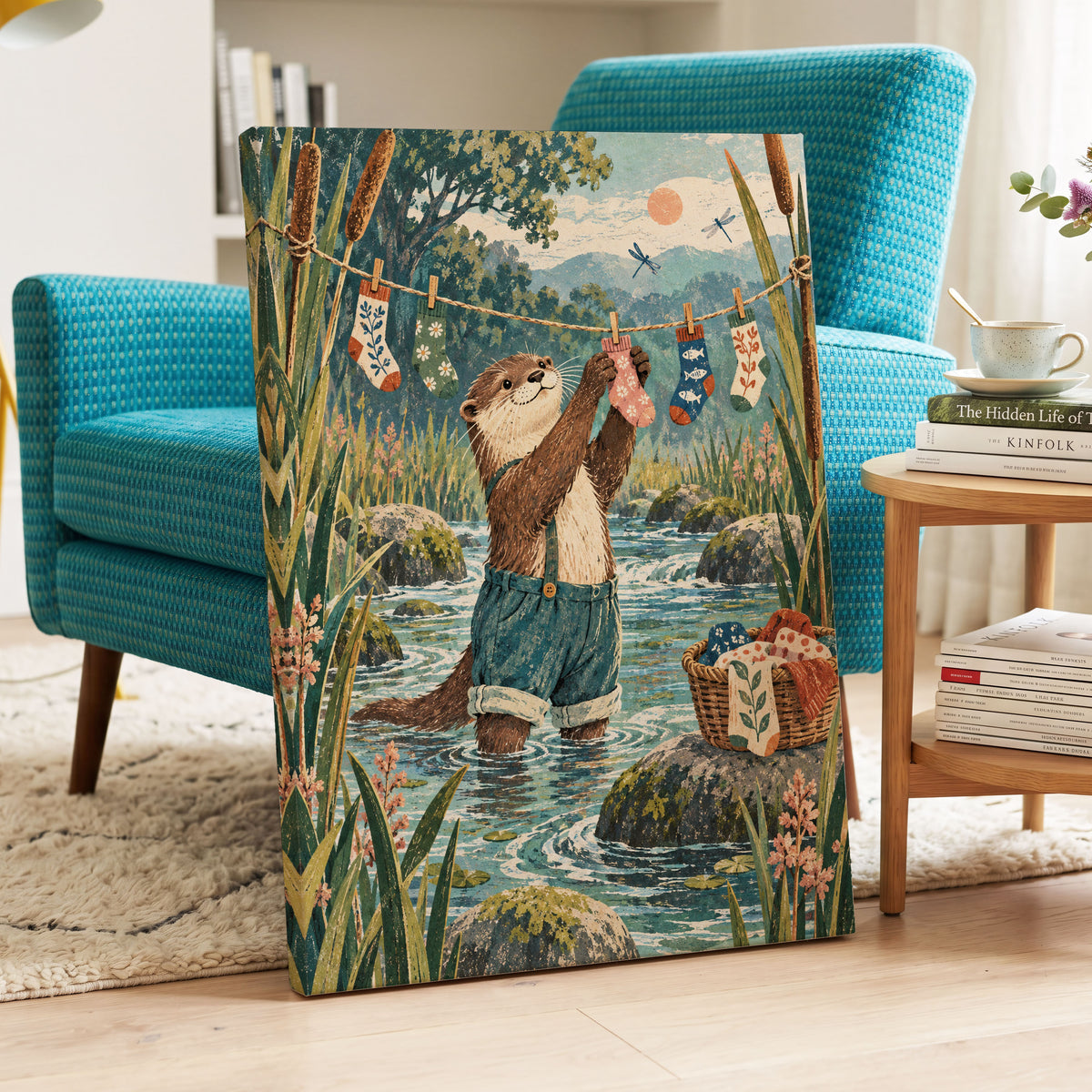 Otter's Laundry Day, blue, green, brown nature wall art displayed in a styled interior, gallery view 3