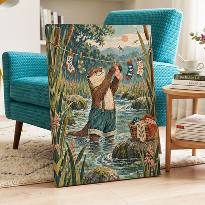 Otter's Laundry Day, blue, green, brown nature wall art displayed in a styled interior, gallery view 3