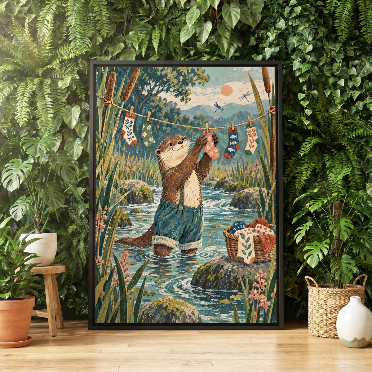 Otter's Laundry Day, blue, green, brown nature wall art displayed in a styled interior, gallery view 4