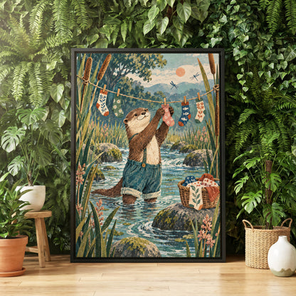 Otter's Laundry Day, blue, green, brown nature wall art displayed in a styled interior, gallery view 4