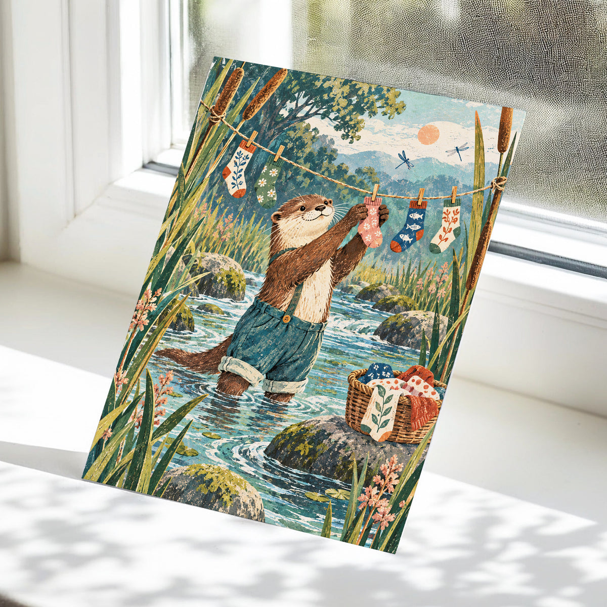 Otter's Laundry Day, blue, green, brown nature wall art displayed in a styled interior, gallery view 5