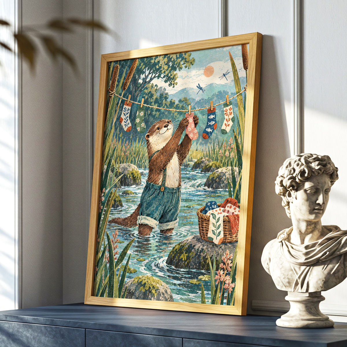 Otter's Laundry Day, blue, green, brown nature wall art displayed in a styled interior, gallery view 6