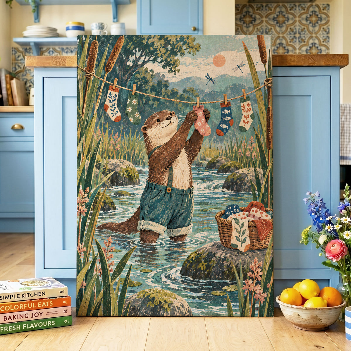 Otter's Laundry Day, blue, green, brown nature wall art displayed in a styled interior, gallery view 7