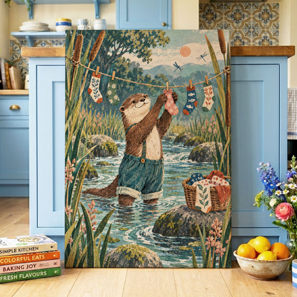 Otter's Laundry Day, blue, green, brown nature wall art displayed in a styled interior, gallery view 7