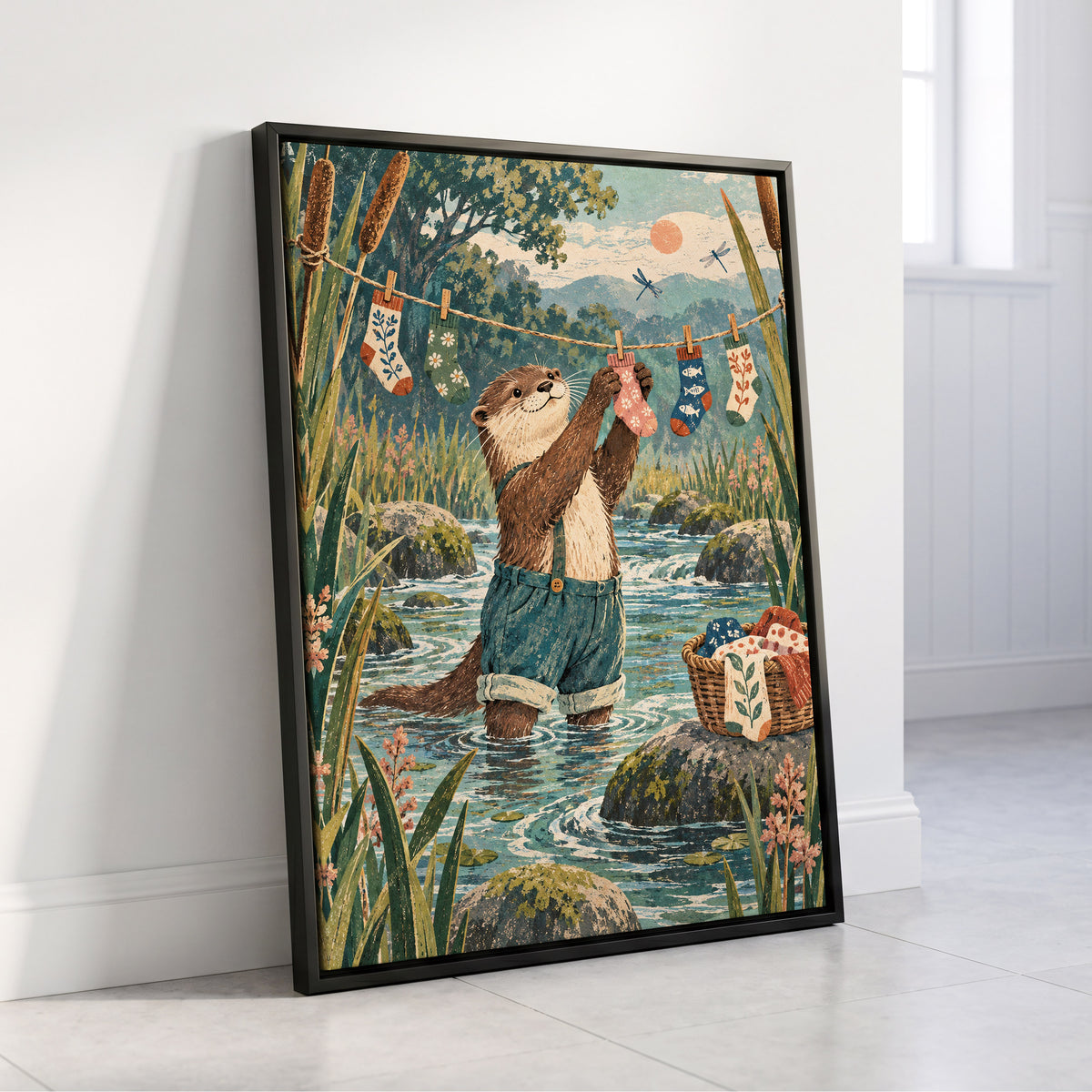 Otter's Laundry Day, blue, green, brown nature wall art displayed in a styled interior, gallery view 8