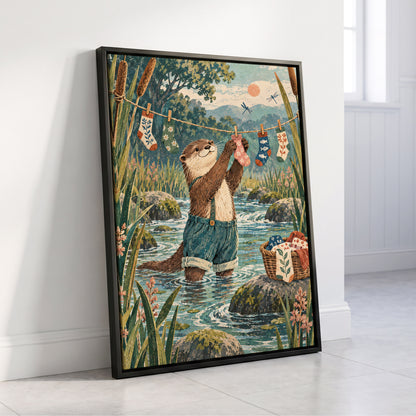 Otter's Laundry Day, blue, green, brown nature wall art displayed in a styled interior, gallery view 8