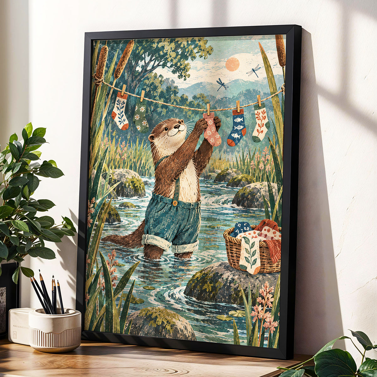 Otter's Laundry Day, blue, green, brown nature wall art displayed in a styled interior, gallery view 9