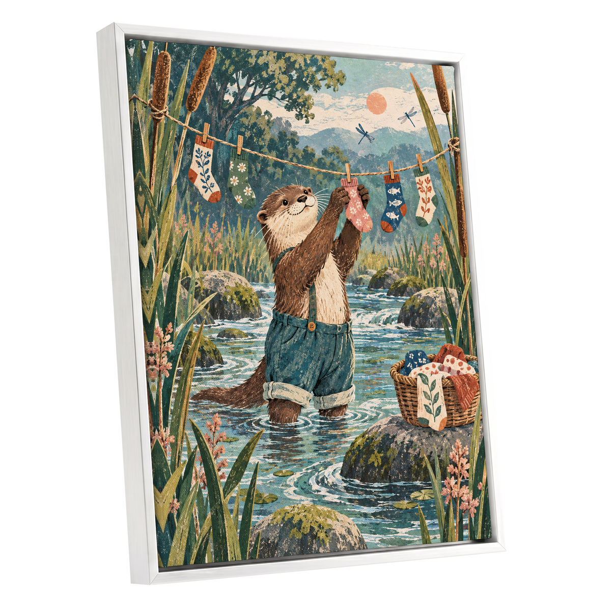 Otter's Laundry Day, blue, green, brown nature wall art shown as a white framed canvas wall art