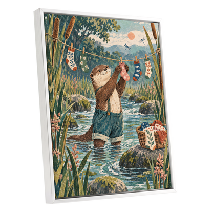 Otter's Laundry Day, blue, green, brown nature wall art shown as a white framed canvas wall art