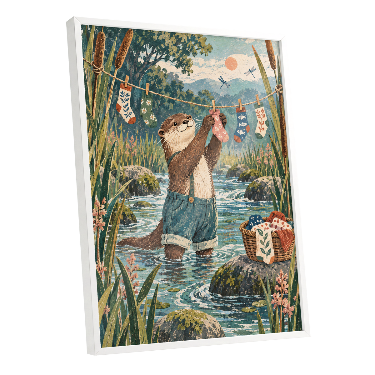 Otter's Laundry Day, blue, green, brown nature wall art shown as a white framed poster wall art print