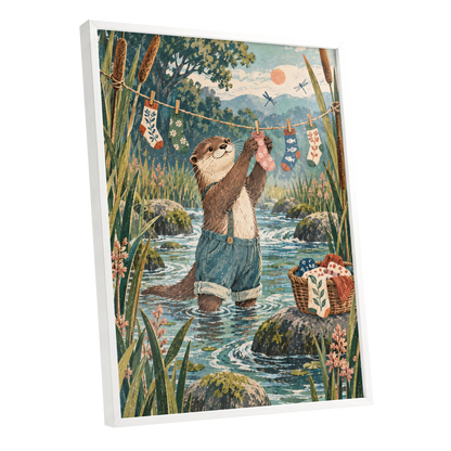 Otter's Laundry Day, blue, green, brown nature wall art shown as a white framed poster wall art print