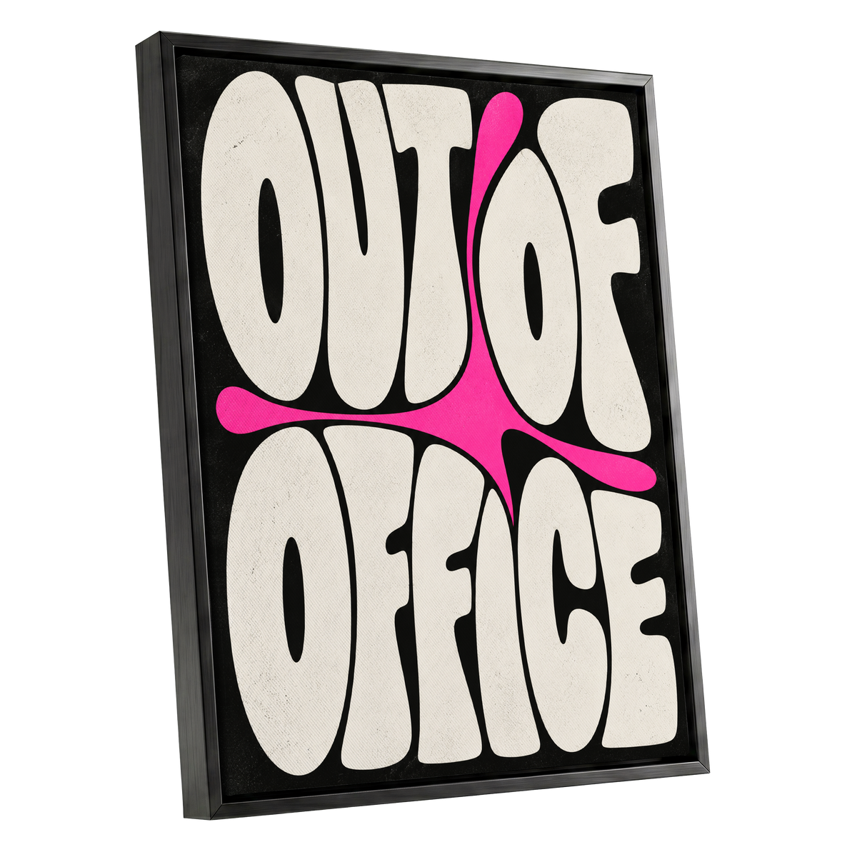 Out of Office Pop, black, beige, pink abstract wall art shown as a black framed canvas wall art