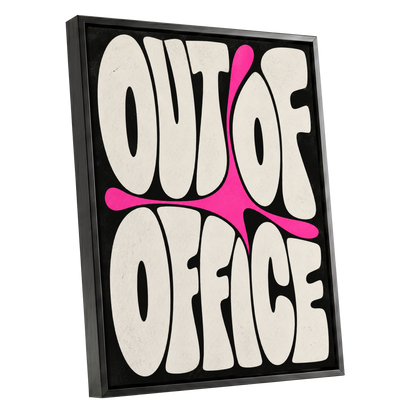Out of Office Pop, black, beige, pink abstract wall art shown as a black framed canvas wall art