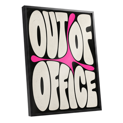 Out of Office Pop, black, beige, pink abstract wall art shown as a black framed poster wall art print