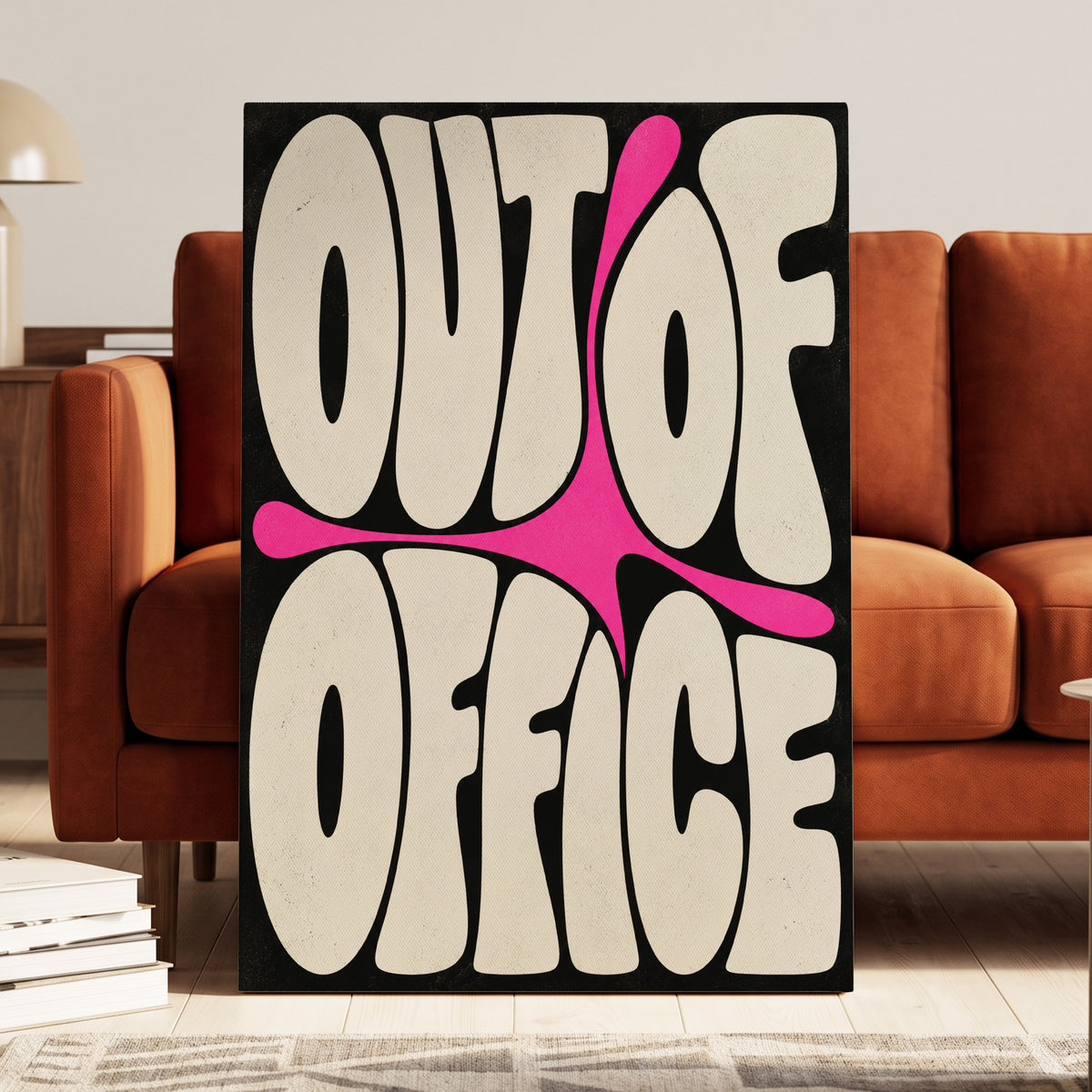 Out of Office Pop, black, beige, pink abstract wall art on canvas displayed in a styled interior, gallery view 1