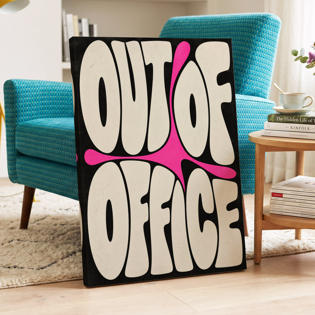 Out of Office Pop, black, beige, pink abstract wall art on canvas displayed in a styled interior, gallery view 2
