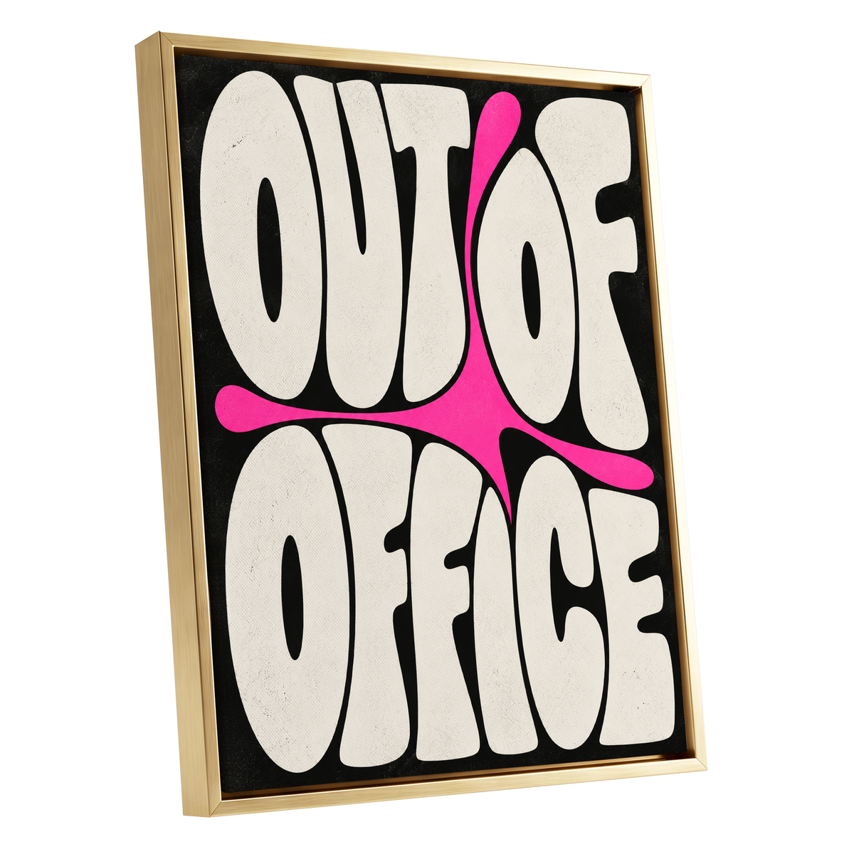 Out of Office Pop, black, beige, pink abstract wall art shown as a gold framed canvas wall art
