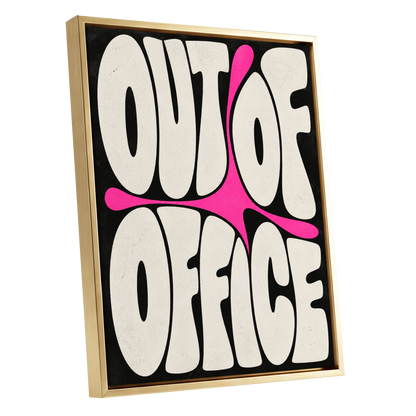 Out of Office Pop, black, beige, pink abstract wall art shown as a gold framed canvas wall art