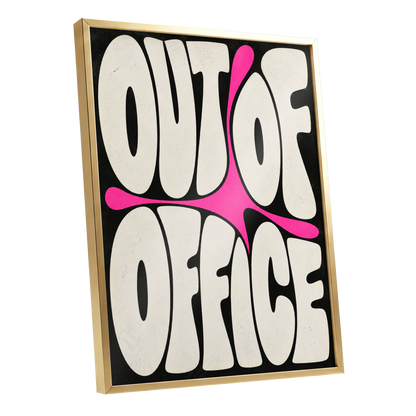 Out of Office Pop, black, beige, pink abstract wall art shown as a gold framed poster wall art print