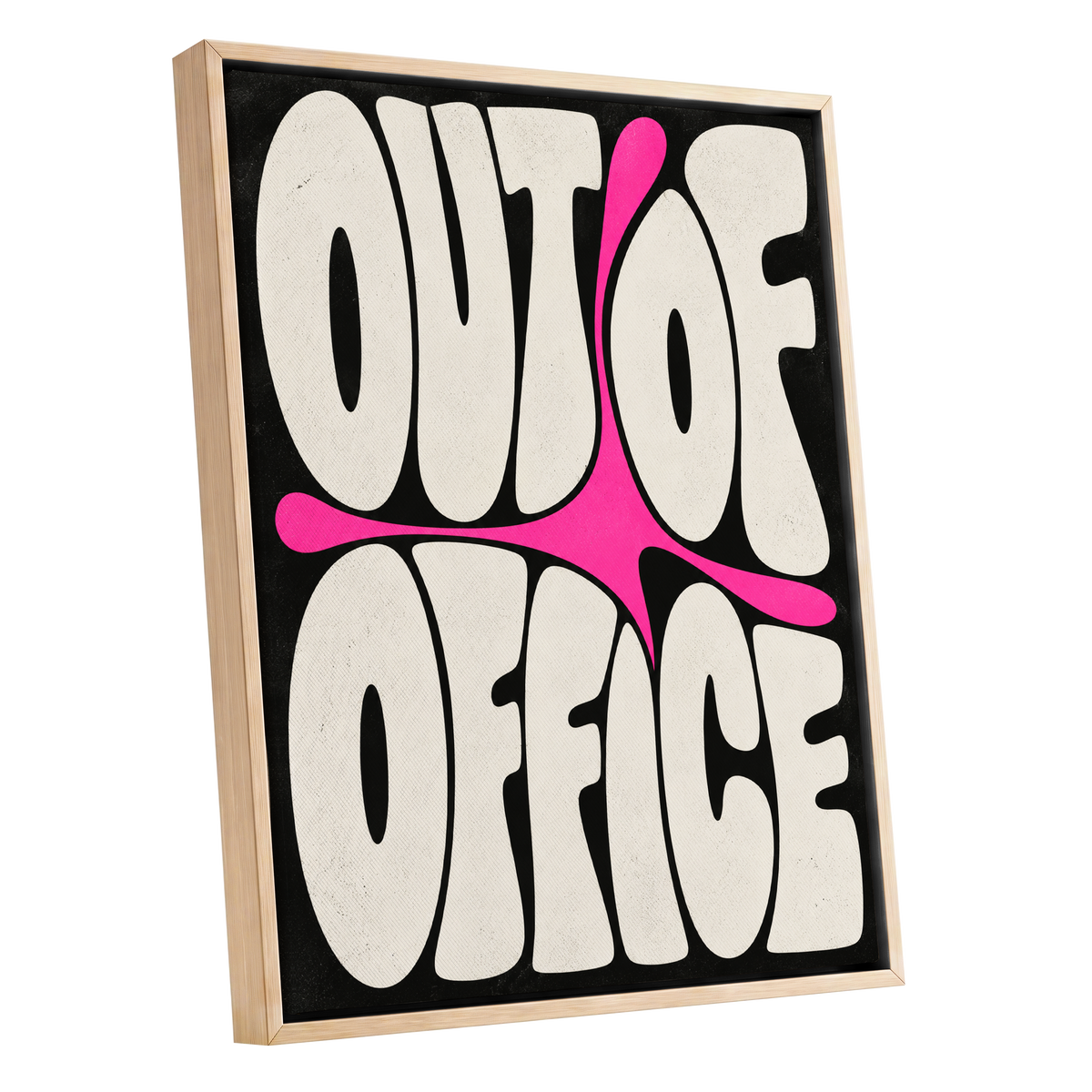 Out of Office Pop, black, beige, pink abstract wall art shown as a oak framed canvas wall art