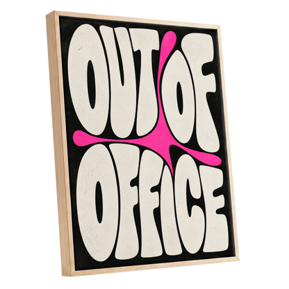 Out of Office Pop, black, beige, pink abstract wall art shown as a oak framed canvas wall art