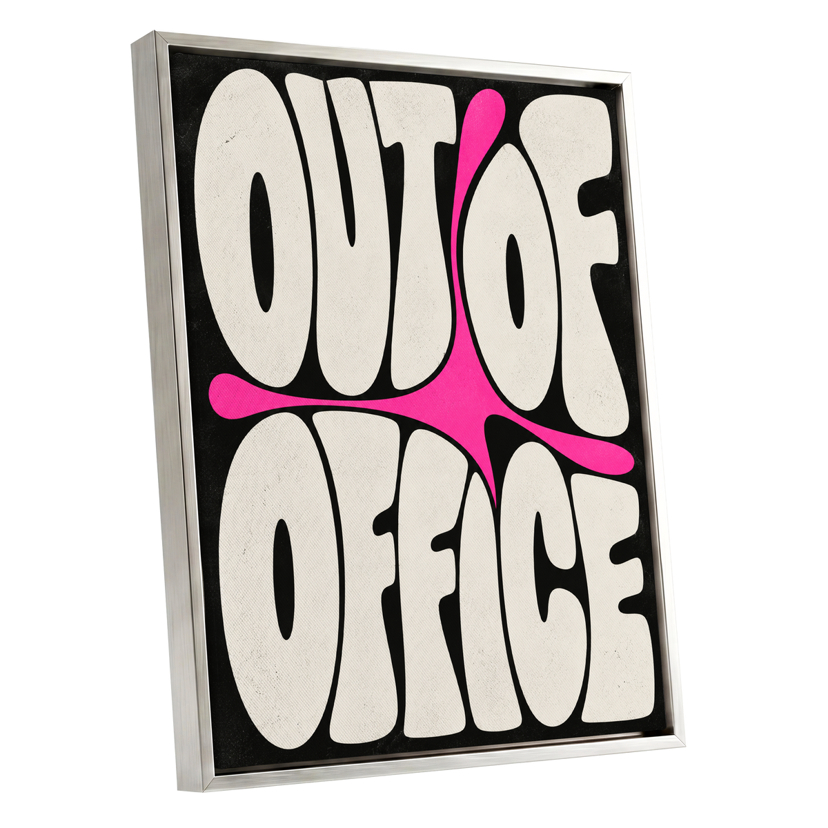 Out of Office Pop, black, beige, pink abstract wall art shown as a silver framed canvas wall art