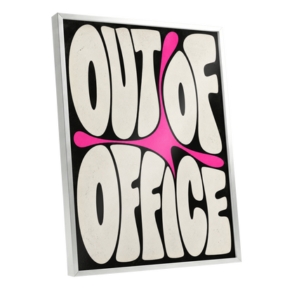 Out of Office Pop, black, beige, pink abstract wall art shown as a silver framed poster wall art print