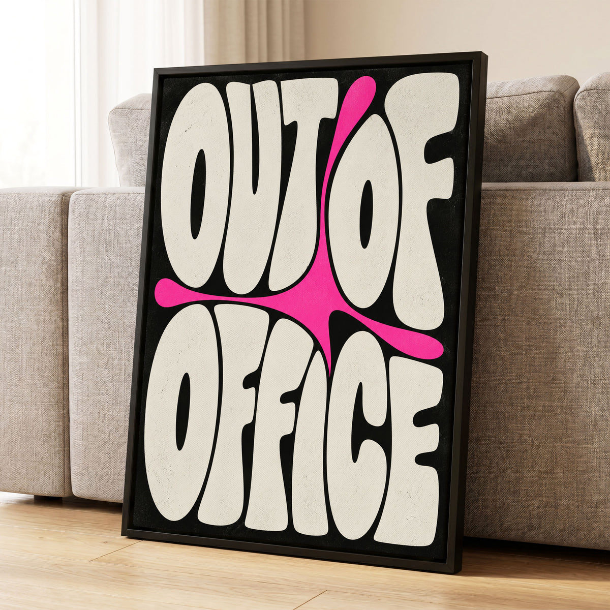 Out of Office Pop, black, beige, pink abstract wall art displayed in a styled interior, gallery view 1