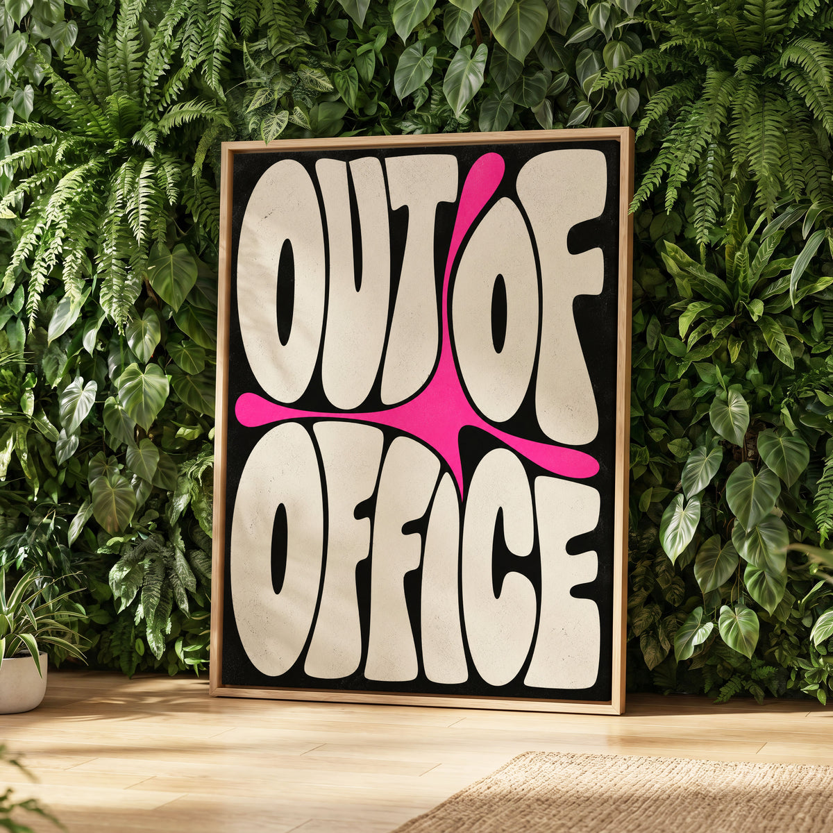 Out of Office Pop, black, beige, pink abstract wall art displayed in a styled interior, gallery view 2