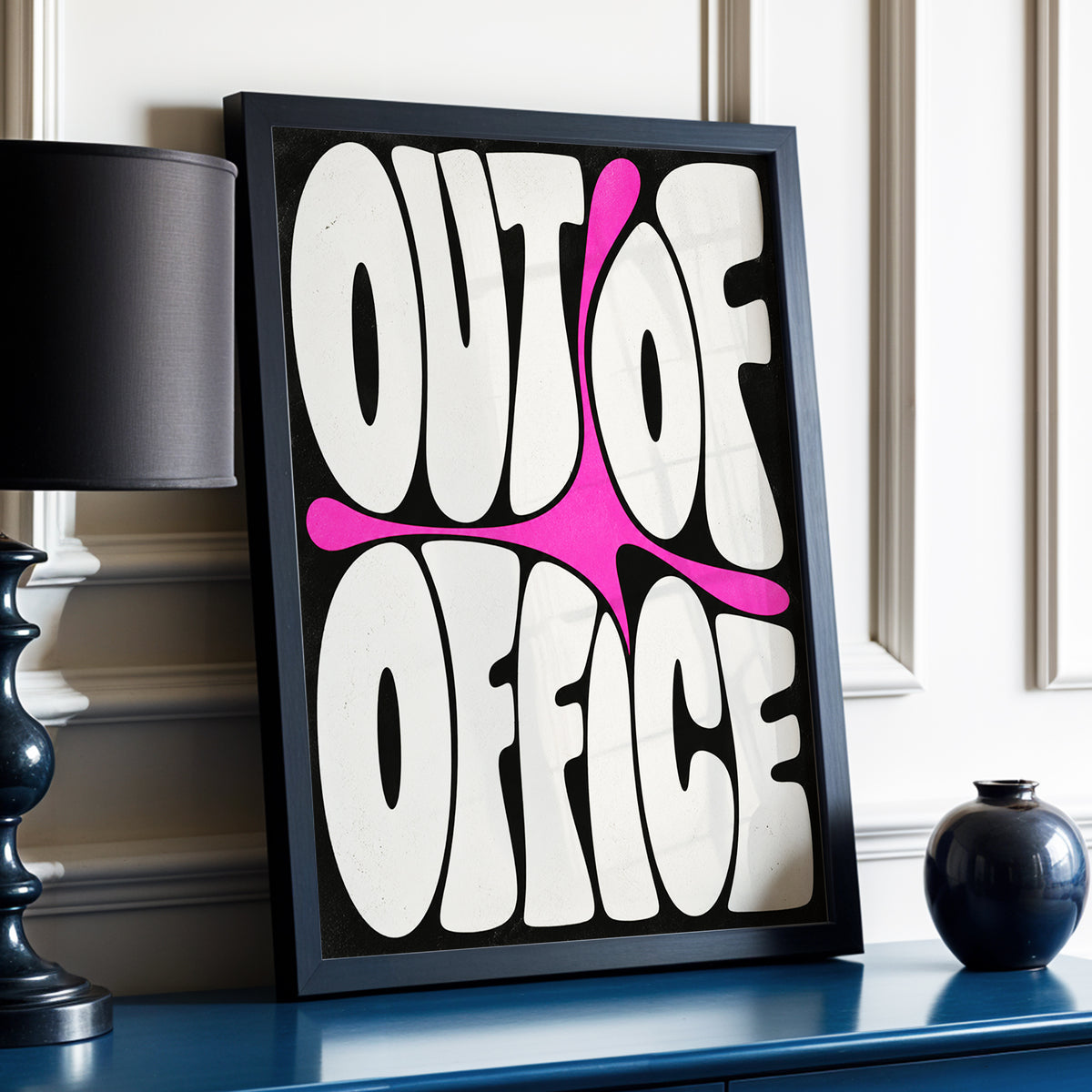 Out of Office Pop, black, beige, pink abstract wall art displayed in a styled interior, gallery view 3