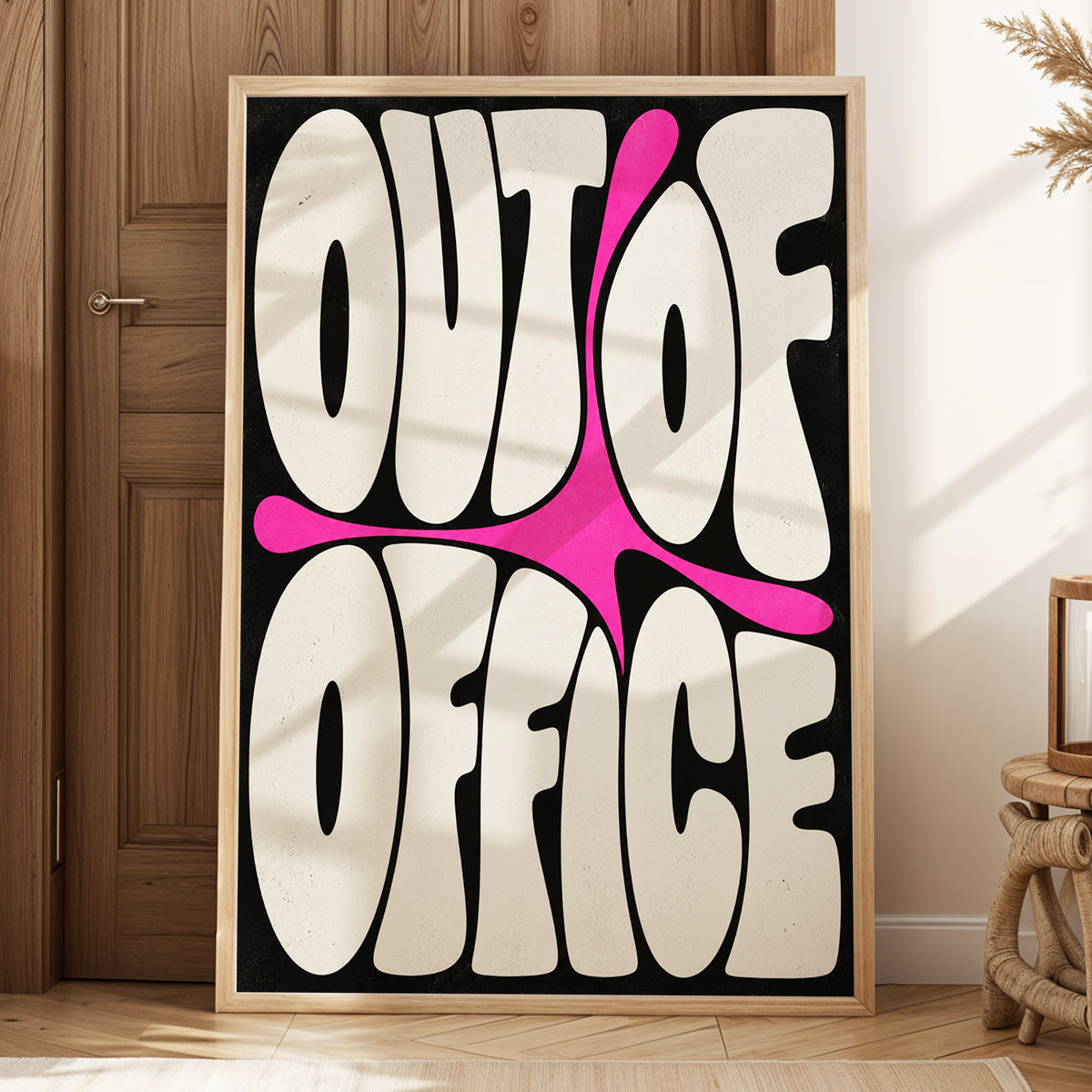 Out of Office Pop, black, beige, pink abstract wall art displayed in a styled interior, gallery view 4