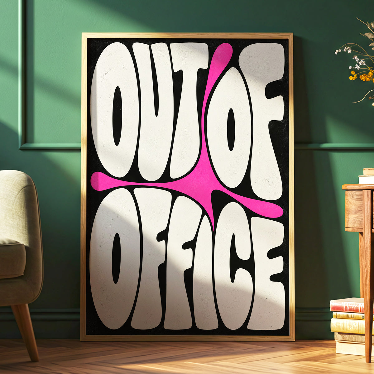 Out of Office Pop, black, beige, pink abstract wall art displayed in a styled interior, gallery view 6