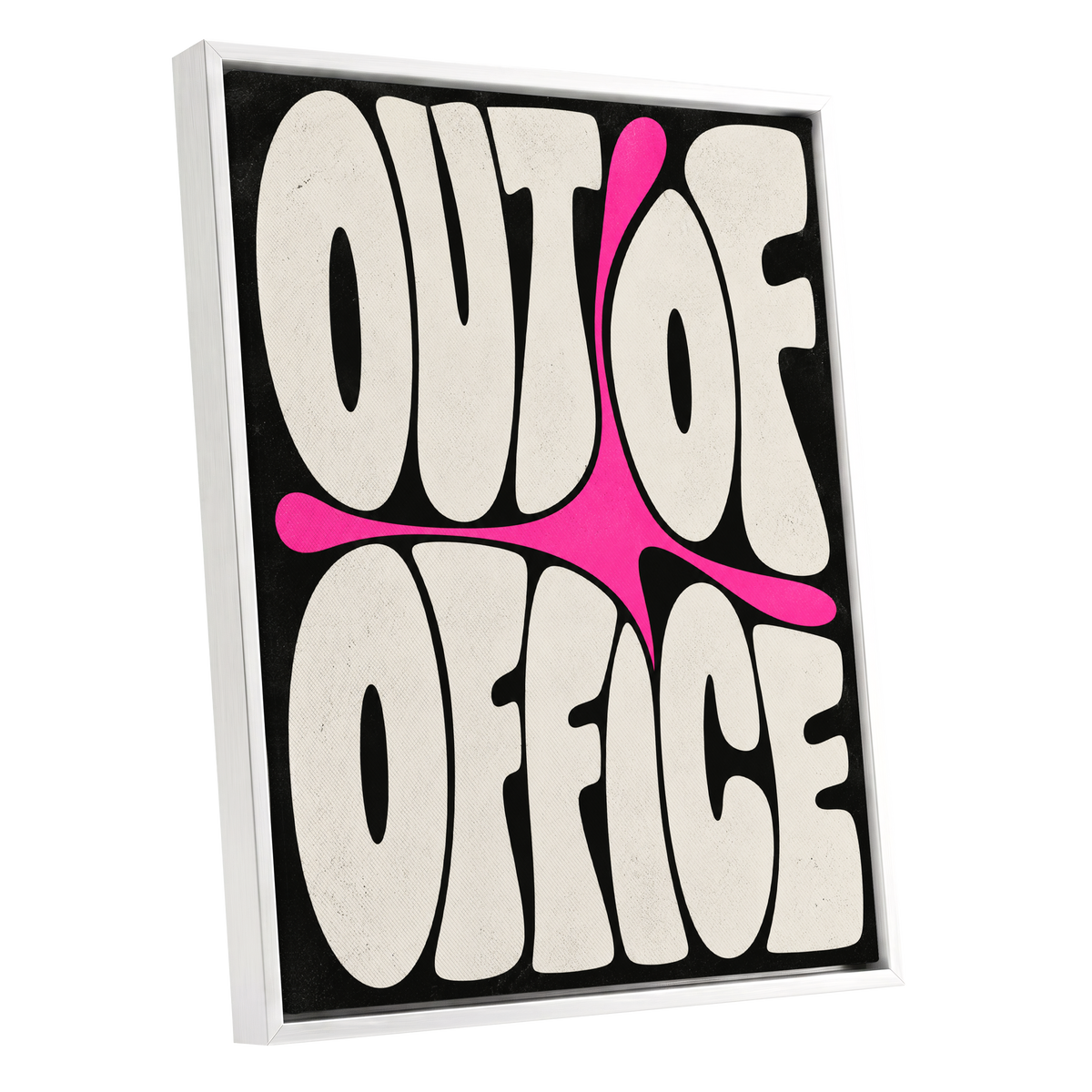 Out of Office Pop, black, beige, pink abstract wall art shown as a white framed canvas wall art