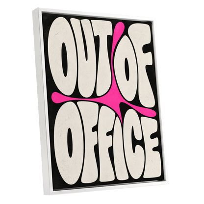 Out of Office Pop, black, beige, pink abstract wall art shown as a white framed canvas wall art